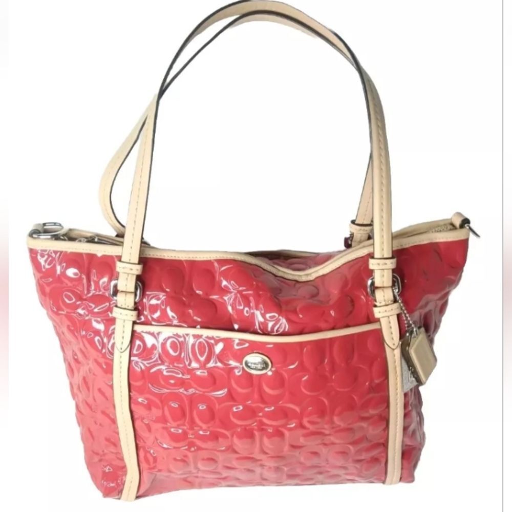 Coach Peyton Signature Embossed Red Patent Leather Pocket Tote Bag #F26922F